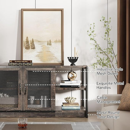 GarveeHome Farmhouse TV Stand for 65/75 inch TV, Entertainment Center with Storage Cabinet, Industrial TV Console Cabinet with Mesh Doors, 63" Rustic TV Media Console Table for Living Room, Oak