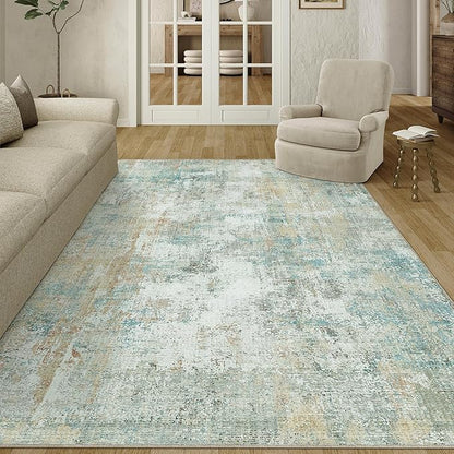 5x7 Washable Area Rug Teal Beige Modern Neutral Abstract Living Room Bedroom Indoor Floor Carpet Low Pile Soft Non-Slip Lightweight Vacuumable Throw Rug for Kitchen Nursery Dining Room