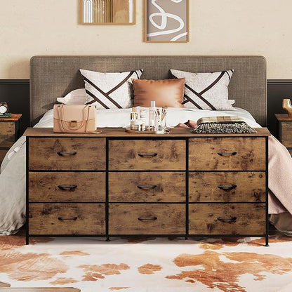 WLIVE 54''W Dresser for Bedroom, Dresser TV Stand for 55, 60, 65 inch TV, Wide Chest of Drawers with 9 Drawer, Large Entertainment Center, Fabric Dressers with Wood Top for Living Room, Rustic Brown