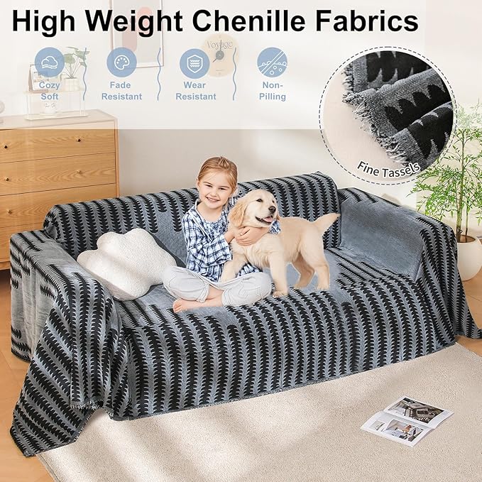 Boho Sofa Cover, Couch Covers for 3 Cushion Couch Sofa Pet Friendly, Sofa Cover Washable, Soft Chenille Living Room Couch Covers Slipcover, Pet Furniture Protecto (2# Dark Grey, 71" x 134")