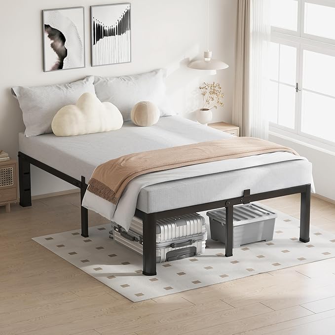 16 Inch Full Size Bed Frame, 3500Lbs Heavy Duty Metal Platform with Round Corner Legs Mattress Slide Stopper, Steel Slat Support No Box Spring Needed, Noise Free, Non-Slip, Easy Assembly
