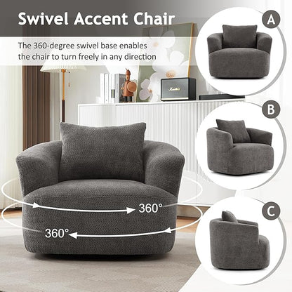 Merax Modern 360° Chenille Swivel Barrel Chair with A Throw Pillow & Armrest, Upholstered Cozy Single Round Sofa with Deep Seating for Living Room Bedroom,Office, Hotel, Easy Assemble, Grey
