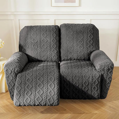 vctops 6 Pieces Geometric Jacquard Plush Recliner Loveseat Slipcovers Soft Fuzzy Fluffy Sofa Couch Cover Anti-Slip Furniture Protector with Elastic Bottom for Kids Cats Dogs(Dark Grey,2 Seat)