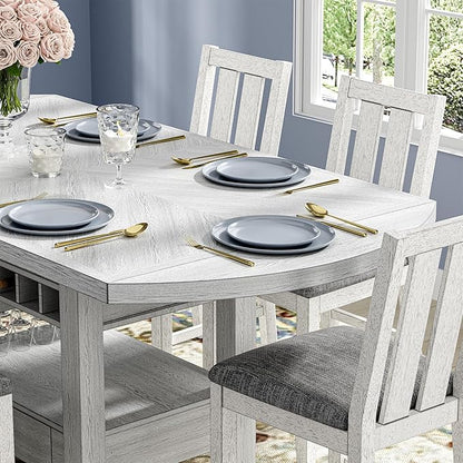Solid Wood Dining Table Set for 6, Modern Breakfast Dinette Expandable Drop Leaf Kitchen Table with Chairs for Dining Room, Kitchen, Grey