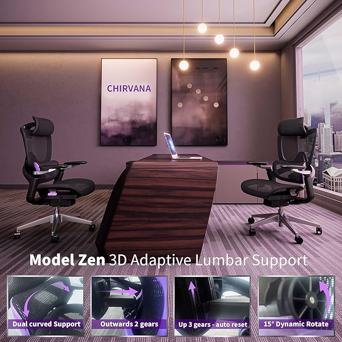 Ergonomic Office Chair, Mesh Home Office Desk Chair with Adjustable Lumbar Support, Big and Tall Gaming Chair with 4D Headrest, 5D Armrest,90-130°Tilt, BIFMA Certified, Model Zen (Purple)