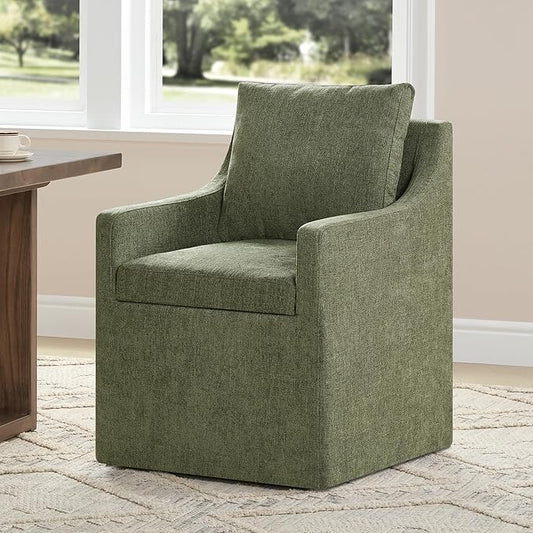 Upholstered Dining Chairs with Casters Easy Assembly Side Deskchair with Rollers for Diningroom Living Room, Green, 1 Box