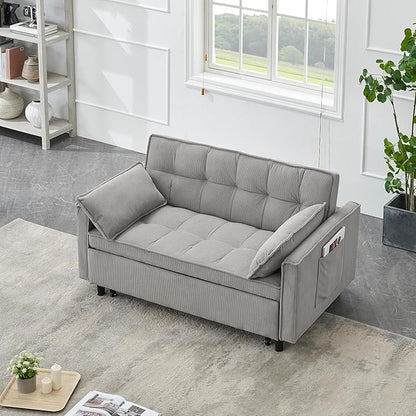 Ball & Cast Convertible Sofa Bed,Pull Out Loveseat Sleeper Sofa,Convertible Pull Out Couch W/2 Pillows,Adjustable Backrest & Side Pocket,Corduroy Futon Couches for Living Room,Apartment,Light Gray,54"