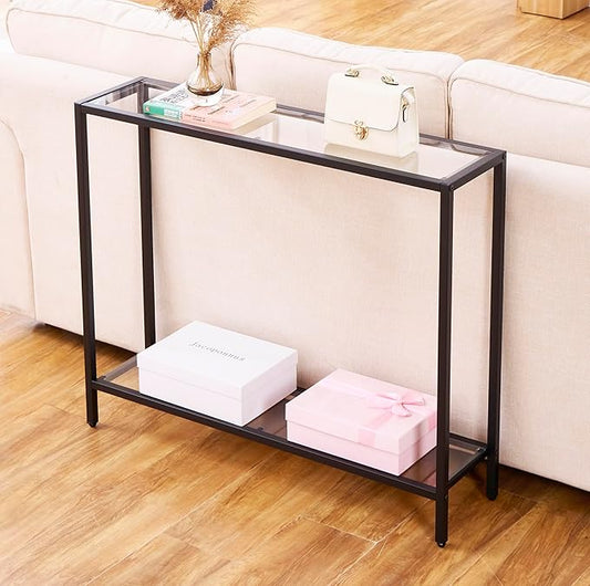 MAJARO Small Modern Console Table for Entryway, Tempered Glass with Metal Frame Sofa Table for Living Room, Hallway, Office (Double-Layer, Black)