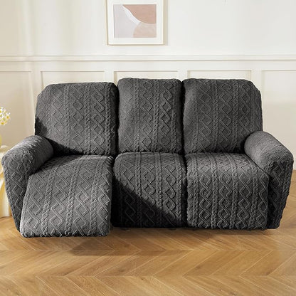 vctops 8 Pieces Geometric Jacquard Plush Recliner Sofa Covers Soft Fuzzy Fluffy 3 Seats Couch Cover Anti-Slip Sofa Slipcover Furniture Protector with Elastic Bottom for Kids Pet(Dark Grey,3 Seat)