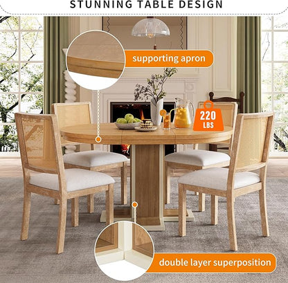Mid-Century Modern Extendable Round Table with 16" Removable Leaf, Expandable Circular to Oval (42" to 58") Solid Wood Tabletop with Cross Design Trestle Legs for Kitchen Dining/Living Room