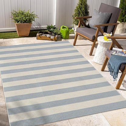 OJIA Washable Area Rugs 4'x6', Striped Outdoor Rug Cotton Woven Entryway Rugs Indoor Patio Rugs Carpet Large Area Rugs for Bedroom/Porch/Deck/Backyard/Camping/Living Room (Blue/White/Tan)