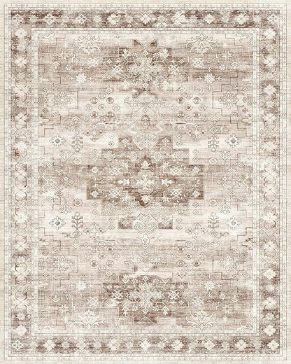 Washable Farmhouse Living Room Rug, 8x10 Area Rugs for Bedroom, Dining Room Under Table Carpet, Kids Room, Large Boho Vintage Non-Slip Floral Rugs Low Pile Stain Resistant (8x10 Beige/Latte)