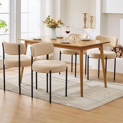 Dining Chairs Set of 6, Beige Boucle Dining Chair, Curved Backrest Upholstered Dining Room Chairs with Black Metal Legs, Mid Century Modern Dining Chairs for Kitchen, Living Room, Beige