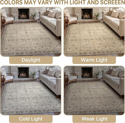 8X10 Area Rugs Machine Washable Rugs for Living Room, Vintage Boho Large Rugs for Bedroom Dining Room, Non Slip Indoor Soft Distressed Lightweight Thin Low Pile Carpet, Tan