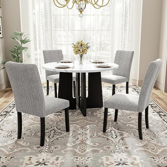 Merax 5-Piece Round Dining Table Set, Modern 4 Upholstered Chairs for Living,Kitchen Room, 43 Inch, White+Gray