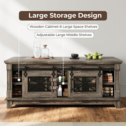 IRONCK 48'' Coffee Table with Sliding Barn Doors, Rustic Center Table with 6 Large Storage Space, Glass Doors and Adjustable Middle Shelf, Farmhouse Coffee Tables for Living Room, Meeting Room