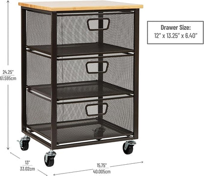 Mind Reader 3-Drawer Rolling Storage Cart, Office Organizer with Wood Top, Multipurpose Portable Cabinet with Wheels, Metal Mesh, Black