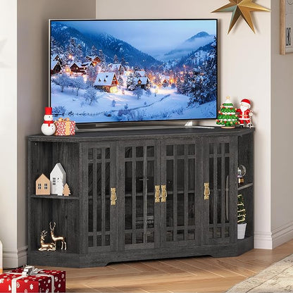 IRONCK Corner TV Stand for TVs up to 60 Inch with Power Outlet, Corner Entertainment Center with Storage Cabinet and Glass Doors, Mid Century Modern TV Stand for Living Room, Bedroom, Charcoal Grey