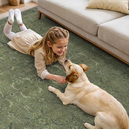 8X10 Area Rugs Machine Washable Rugs for Living Room, Vintage Boho Large Rugs for Bedroom Dining Room, Non Slip Indoor Soft Distressed Lightweight Thin Low Pile Carpet, Vivid Green