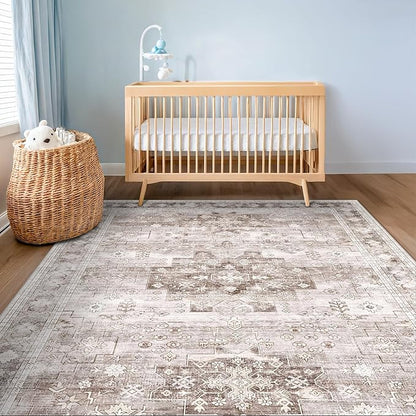 Washable Neutral Farmhouse Large Entryway Rug, 3x5 Area Rugs for Kitchen, Bedroom, Laundry Room, Nursery Room, Boho Vintage Floral Non-Slip Throw Rug Low Pile Stain Resistant (3x5 Beige/Latte)