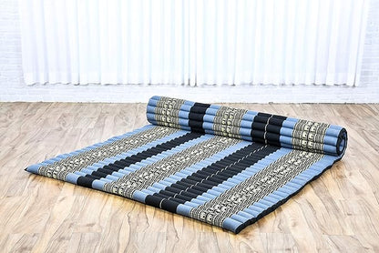 Leewadee - Foldable Floor Mattress - Japanese Roll Up Futon -Trifold Tatami Mat- Guest Floor Bed - Camping Mattress - Thai Massage Mat, Kapok Filled, 75 x 57 inches, Blue