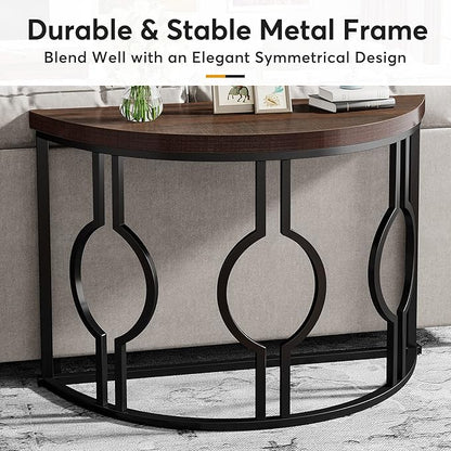 LITTLE TREE 43 Inch Half Moon Console Table for Entryway Industrial Semi Circle Sofa Table Wood Accent Table for Living Room, Hallway, Foyer, Entrance, Rustic Brown