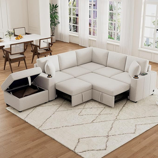 84.7" Symmetrical Convertible Sleeper Sectional Sofa Couch Bed for Living Room 4 Seater L Shaped Reversible Pull Out Sleeper Sofabed with Movable Ottoman ,2 Cup Holders ,USB Ports, Detachable Backrest