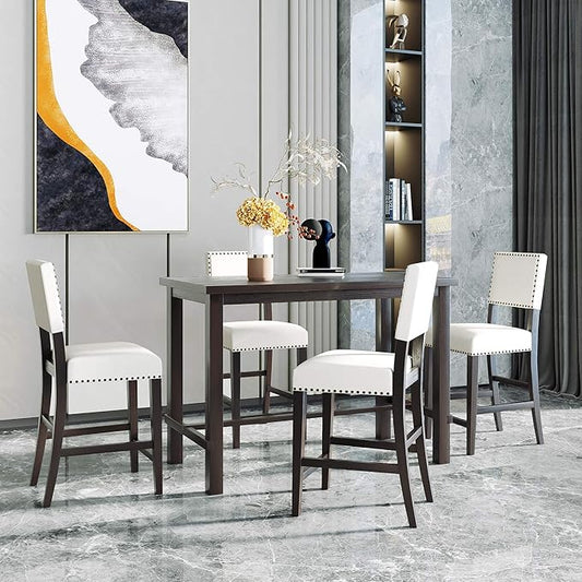 5 Pieces Dining Table Set,Wooden Living Room Furniture with 52" Rectangle Kitchen Desk,4 Upholstered Chairs W/Curved Backrests,for Restaurant,Home Bistro,Espresso and Beige