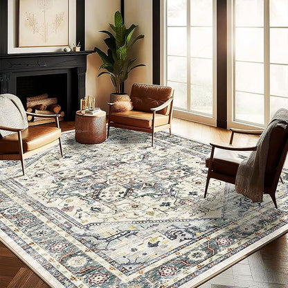 Washable Area Rug 10'x14' Cyan Khaki Retro Flowers Boho Design Non-Shedding Easy Care Ideal for High Traffic Areas in Living Room Bedroom Office Coffee Table Kitchen Large Carpet