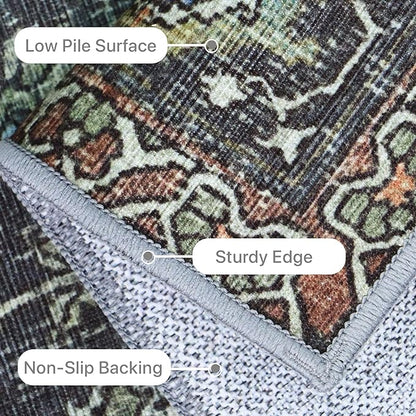 6X9 Area Rugs Machine Washable Rugs for Living Room, Vintage Boho Large Rugs for Bedroom Dining Room, Non Slip Indoor Soft Distressed Lightweight Thin Low Pile Carpet, Black