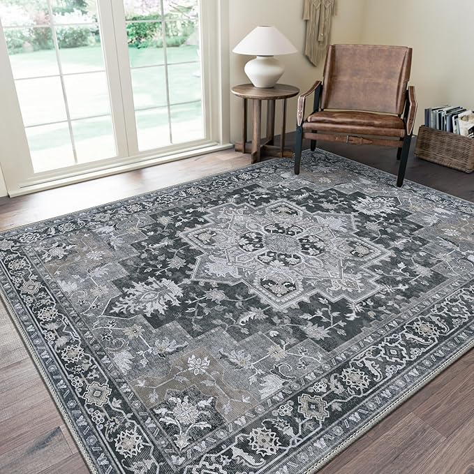 GENIMO 6x9 Area Rugs for Living Room, Machine Washable Non Slip Vintage Rugs, Low Pile Lightweight Chenille Print Rug for Bedroom, Dining Room, Home Office,Dark Gray
