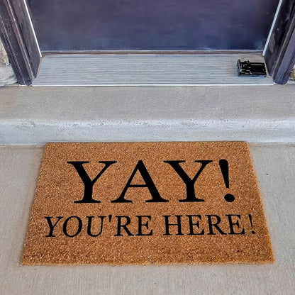 Yay You're Here Funny Coir Doormat - Natural Brown Entryway Welcome Mat, 23.7 x 15.7 inch