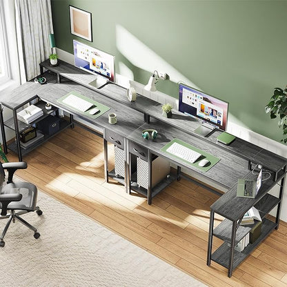 SUPERJARE 53 inch Reversible L Shaped Desk with LED Lights & Power Outlets, Computer Desk with Shelves & Monitor Stand, Gaming Desk with Drawer, Home Office Desk Corner Desk, Grey