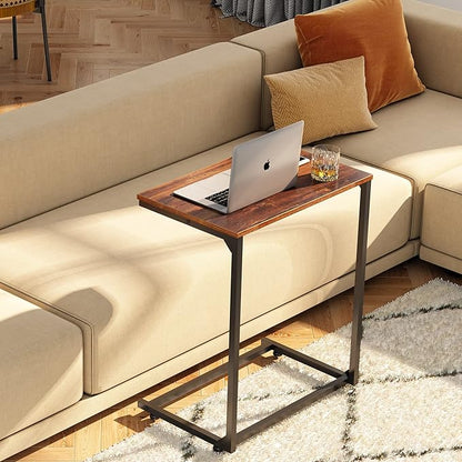 WLIVE C-Shaped End Table, Small Side Tables for Sofa, Wide Couch Table That Slide Under, Laptop Snack Table for Living Room, Bedroom, Home Office, Retro Brown