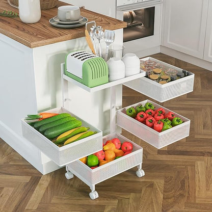 Fruit Basket for Kitchen No Assembly, Rolling Rotating Storage cart,Bathroom Shelf,Storage Drawer Cart for Bathroom,Metal Vegetable Rolling cart(Bright White, 4 Tier-Square)
