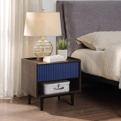 Manhattan Comfort Duane Modern Ribbed Nightstand, Bedside Table with Full Extension Drawer and Open Shelf, Industrial Chic Living Room and Bedroom Furniture, Navy Blue