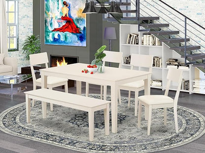 East West Furniture CAAD6-LWH-LC 6 Piece Dining Table Set Contains a Rectangle Dining Room Table and 4 Faux Leather Upholstered Chairs with a Bench, 36x60 Inch, Linen White