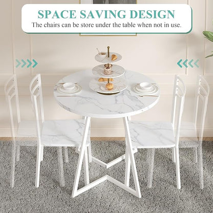 VECELO Round Dining Room Table with Wood Grain Tabletop and Steel Frame, for Kitchen, Living Room, Office, Conference, 2 to 4 Person, Fuax Marbled & White