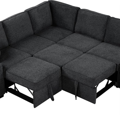 126" Extra Large Pull-Out Sofa Bed with Drop-Down Cup Holder Tables,L-Shaped Sectional Couch W/Charging Device,Convenient Sleeper Furniture Set for LivingRoom Apartment,Beige Chenille
