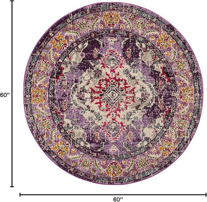 SAFAVIEH Monaco Collection Area Rug - 5' Round, Violet & Fuchsia, Boho Chic Medallion Distressed Design, Non-Shedding & Easy Care, Ideal for High Traffic Areas in Living Room, Bedroom (MNC243P)