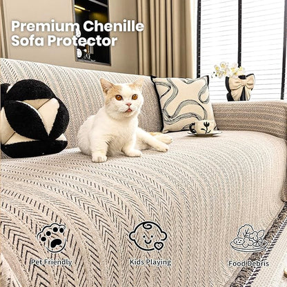 Nobildonna Sofa Cover Washable Soft Thicken Chenille Couch Cover with Tassel,Waterproof Sofa Slipcover for 2-3 Cushion Couch,Sectional Sofa,L-Shaped Furniture Protector Pet-Friendly,Brown 91"x118"