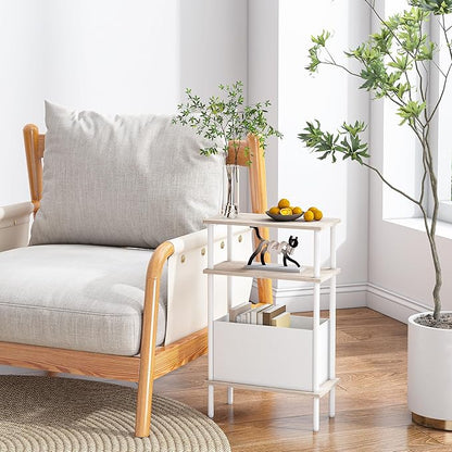 Narrow Side Table with Fabric Basket, End Table for Small Spaces, Slim Nightstand with 3-Tier Storage Shelf, Sofa Beside Table, for Living Room, Bed Room, Natrual Oak