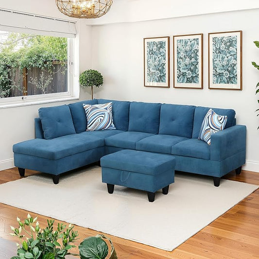 NicBex Sectional Couch 3 Pieces Sofa Set with Right Chaise Linen L Shaped Cloud Couch for Living Room Furniture Sets with Storage Ottoman, Modular Sofa for Living Room & Apartment, Blue