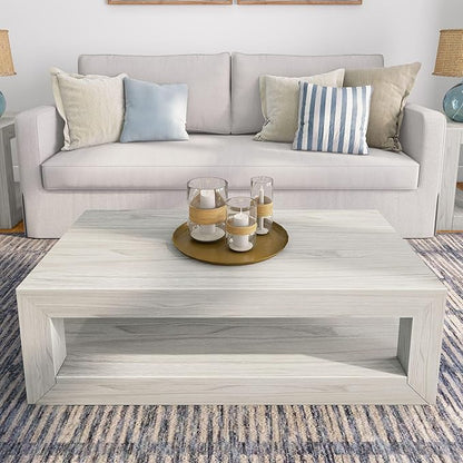 Plank+Beam 40" Modern Rectangular Coffee Table with Shelf, Solid Wood Center Table with Storage, 2 Tier Tea Table for Living Room, White Sand Wirebrush
