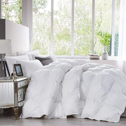 Luxurious All-Season Goose Down Feather Fiber Comforter Super King Size Duvet Insert (120x120), Exquisite Pinch Pleat Design- White, Premium Baffle Box, 100% Egyptian Cotton Cover, 85 oz. Fill Weight