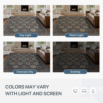 8X10 Area Rugs Machine Washable Rugs for Living Room, Vintage Boho Large Rugs for Bedroom Dining Room, Non Slip Indoor Soft Distressed Lightweight Thin Low Pile Carpet, Navy Tan