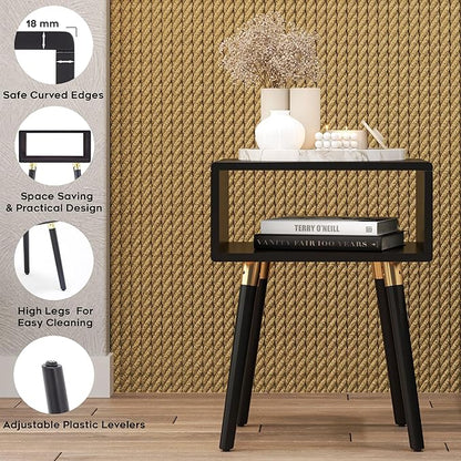 Bme Dinkee Solid Wood Nightstand, Fully Assembled, Without Drawer for Mid Century Bedroom and Living Room, Black