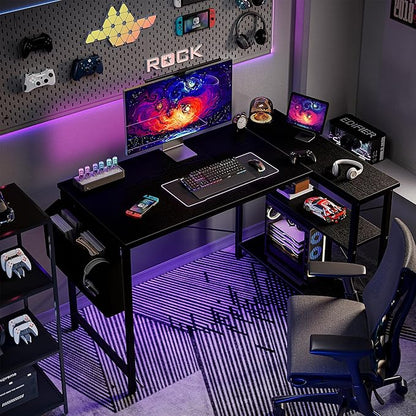 L Shaped Computer Desk with Reversible Shelves, 47 Inch Small Corner Desk with Storage Bag, Gaming Desk Computer Table Study Writing Table for Home Office Bedroom Small Space, Black