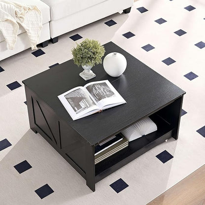 Farmhouse Coffee Table for Living Room, Wood Square Coffee Tables, 31.5" W x 31.5" D, Black