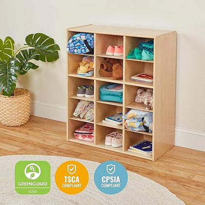 ECR4Kids Streamline 15 Cubby Tray Storage Cabinet, 5x3, Classroom Furniture, Natural